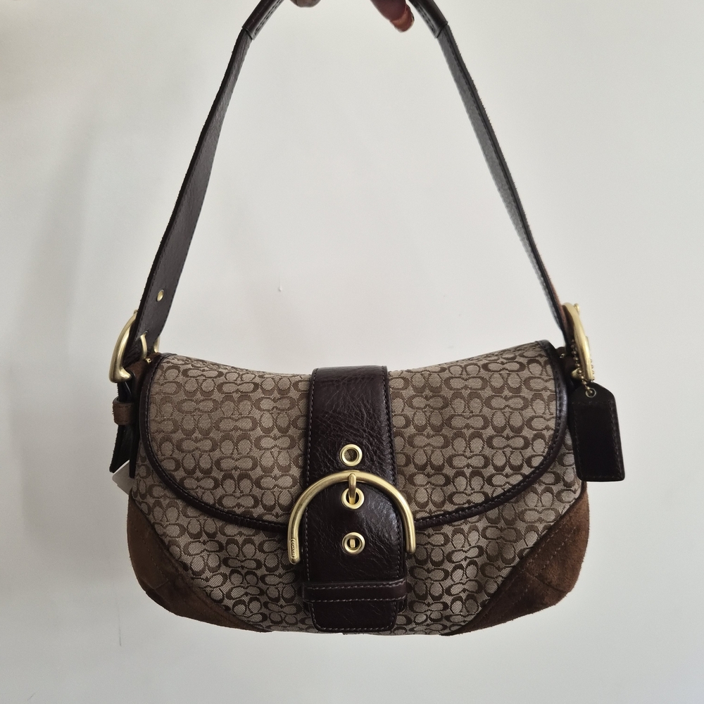 Coach Brown and Tan Shoulder Bag with Gold Accents